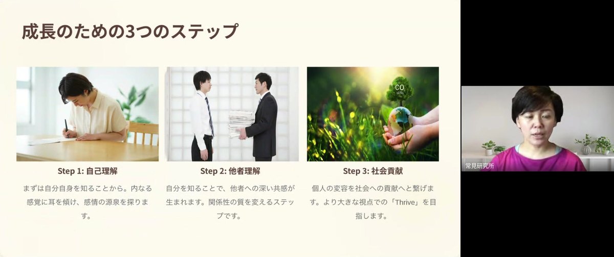 セミナーの画面。左に「成長のための3つのステップ」のスライドで、Step 1 自己理解、Step 2 他者理解、Step 3 社会貢献の3つが並び、右にトレーナーが話している映像