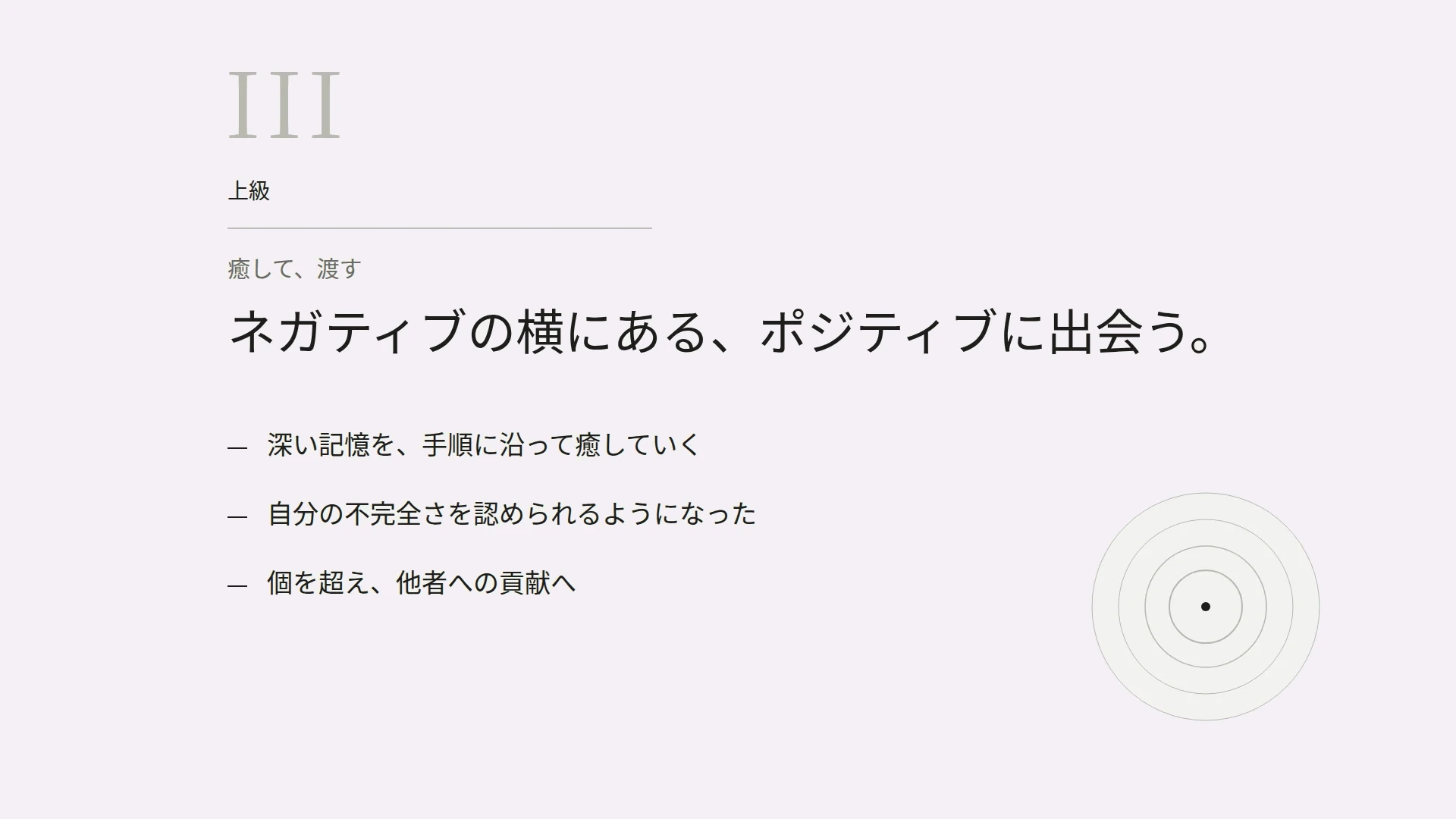 III　上級　癒して、渡す　ネガティブの横にある、ポジティブに出会う。　深い記憶を、手順に沿って癒していく　自分の不完全さを認められるようになった　個を超え、他者への貢献へ